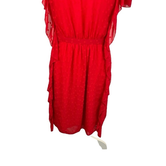 Monique Lhuillier | Red Chiffon Ruffle Floral Flutter Sleeve Dress - Picture 3 of 9